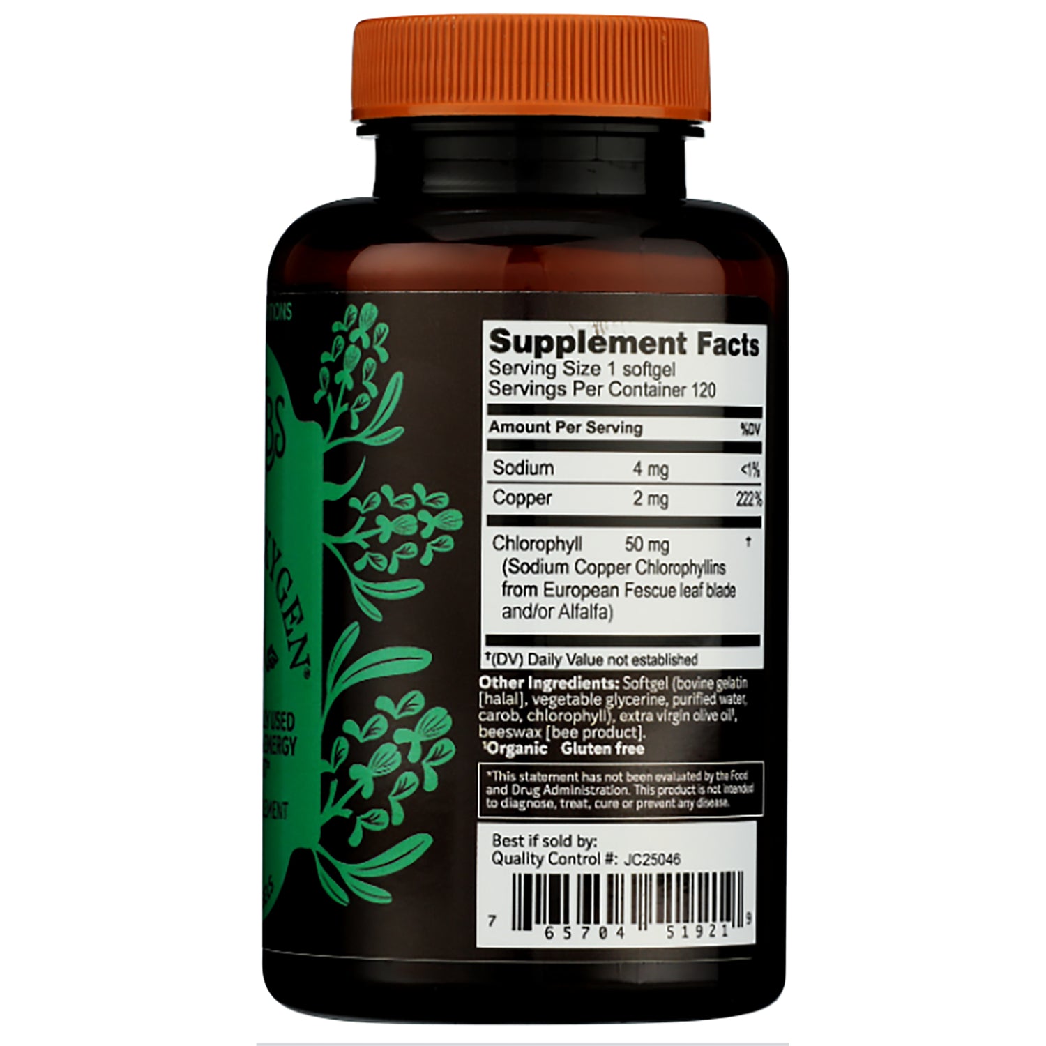 HE112 | Supplement facts and ingredients list showing sodium 4 mg, copper 2 mg, chlorophyll 50 mg and other ingredients