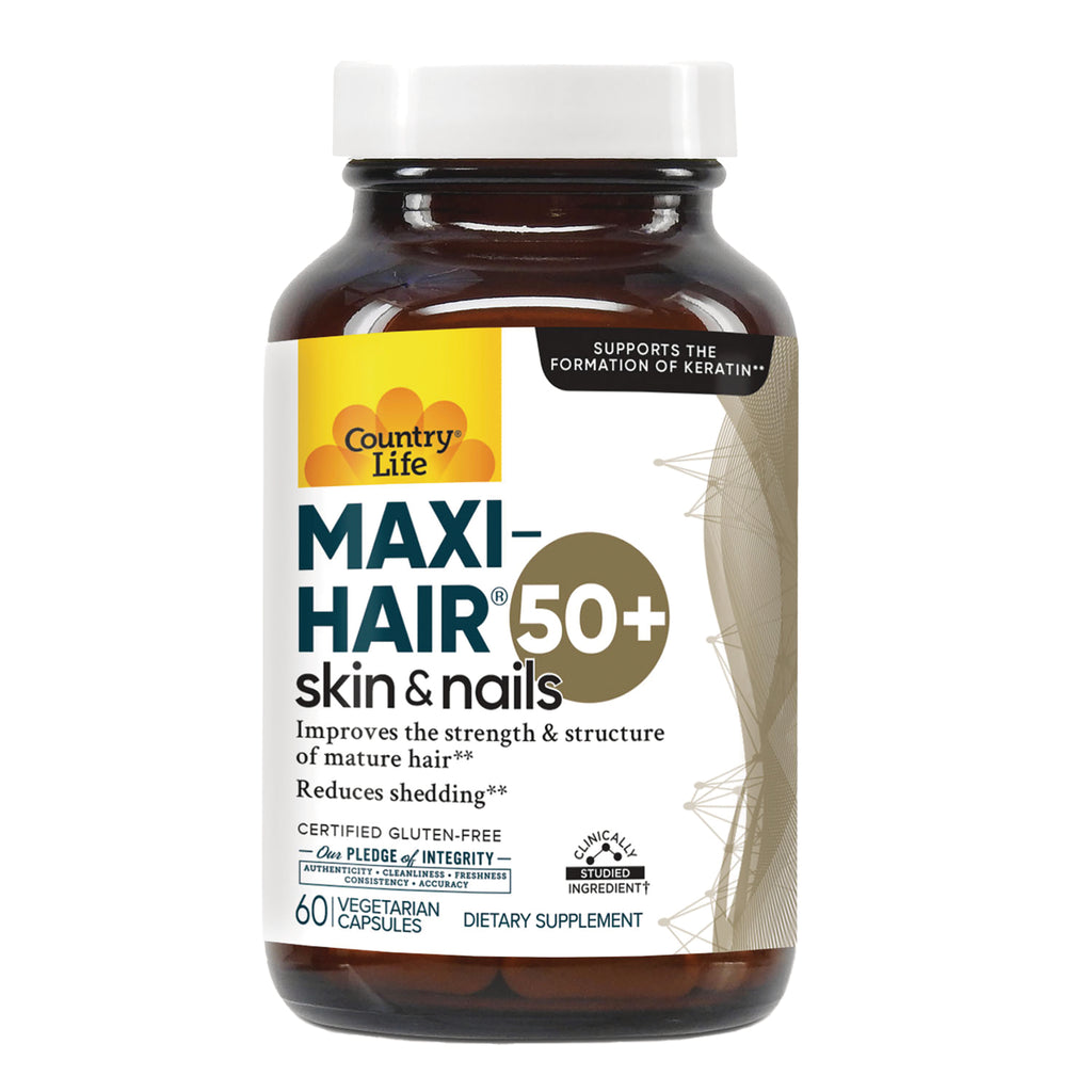 CRL642 | Country Life Maxi-Hair 50+ skin & nails supplement bottle front label showing 60 vegetarian capsules - Thumbnail