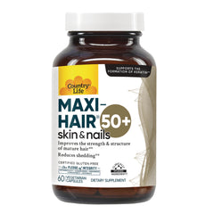 CRL642 | Country Life Maxi-Hair 50+ skin & nails supplement bottle front label showing 60 vegetarian capsules