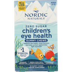 NRN122 | Nordic Naturals zero sugar children's eye health gummy chews box with fish illustration, strawberry lemonade flavor