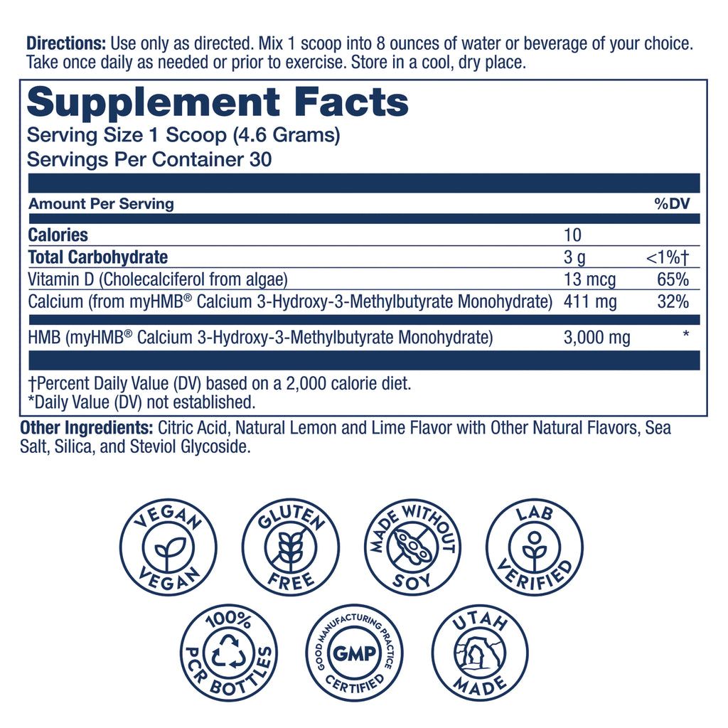 SLR539 | Supplement Facts back label showing serving size 1 scoop, HMB 3,000 mg, Vitamin D 13 mcg, ingredients and certification icons - Thumbnail