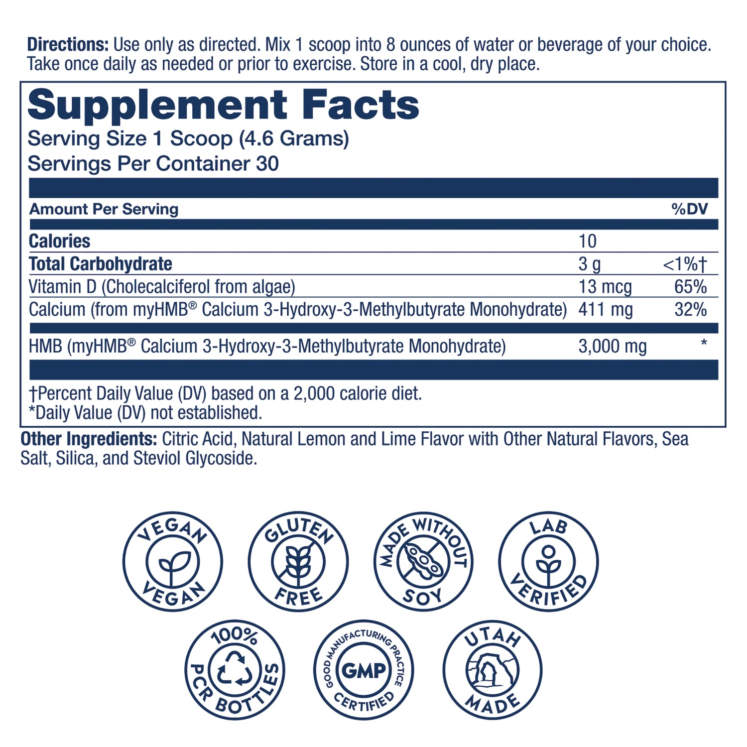 SLR539 | Supplement Facts back label showing serving size 1 scoop, HMB 3,000 mg, Vitamin D 13 mcg, ingredients and certification icons