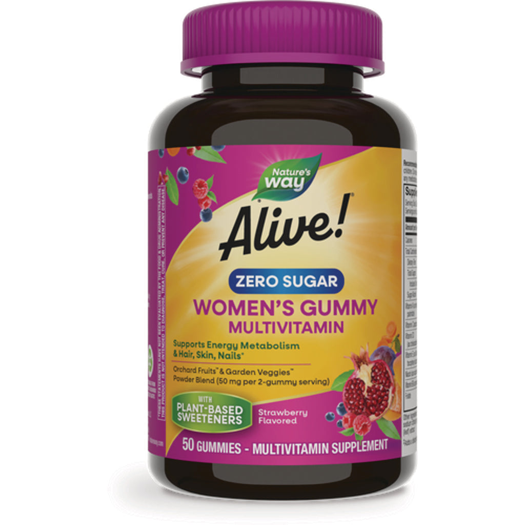 NW1060 | Alive! Zero Sugar Women's Gummy Multivitamin bottle, strawberry flavored, 50 gummies, front view - Thumbnail