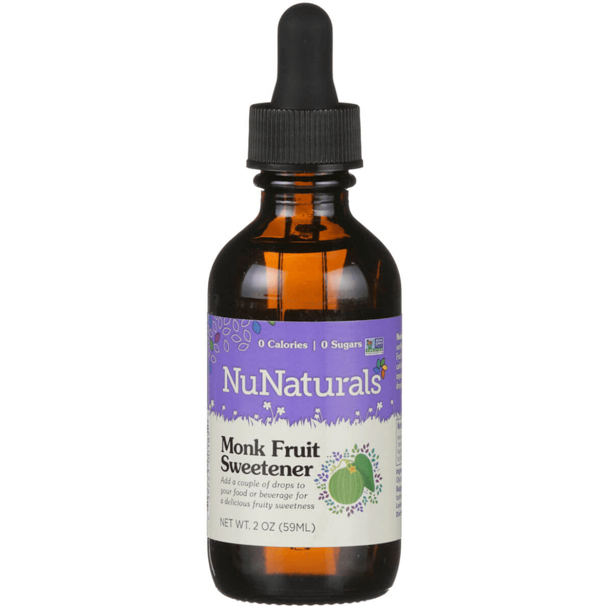 NN058 | Amber glass dropper bottle labeled NuNaturals Monk Fruit Sweetener 2 oz
