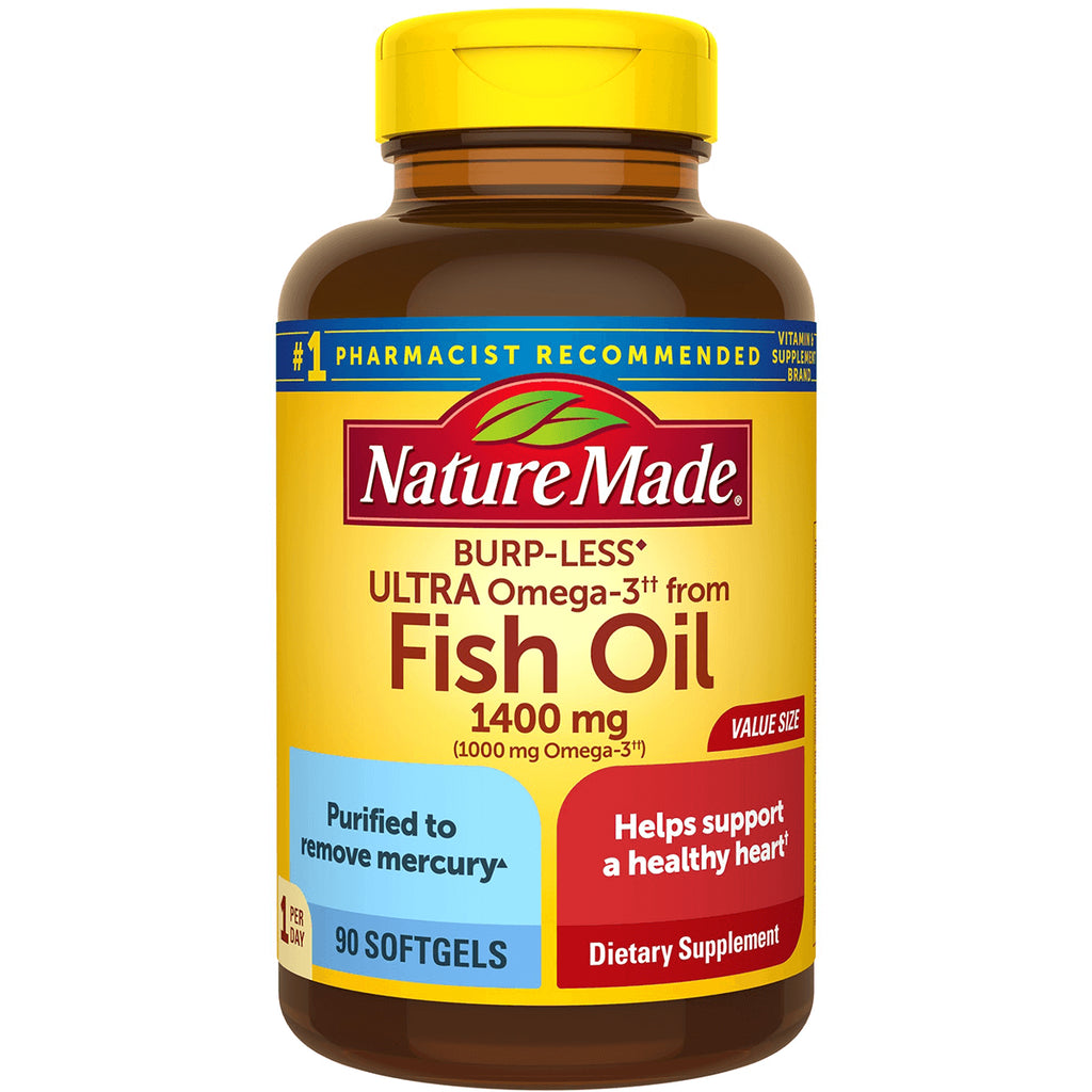 NTM103 | Nature Made Burp-Less Ultra Omega-3 Fish Oil 1400 mg softgel bottle with yellow label, 90 softgels - Thumbnail