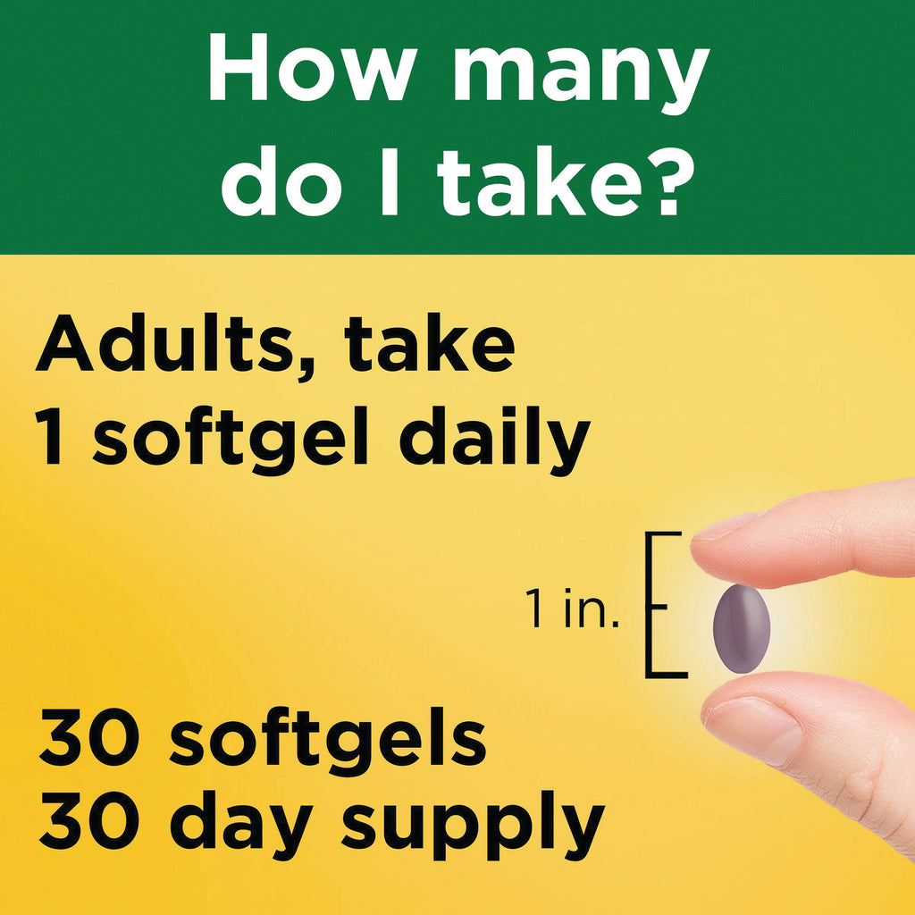 NTM180 | Instructional label reading Adults, take 1 softgel daily; 30 softgels 30 day supply with hand holding a softgel - Thumbnail