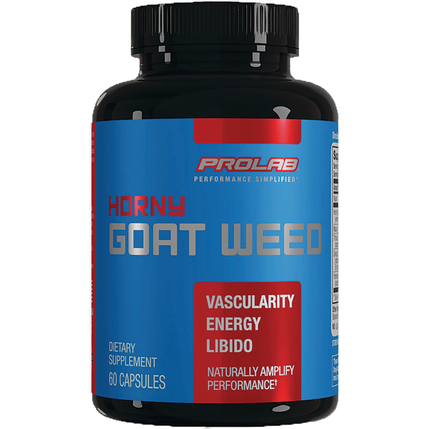 PRL035 | ProLab Horny Goat Weed supplement bottle, blue label reading Vascularity Energy Libido, 60 capsules