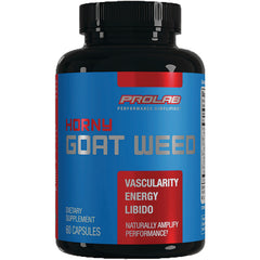 PRL035 | ProLab Horny Goat Weed supplement bottle, blue label reading Vascularity Energy Libido, 60 capsules