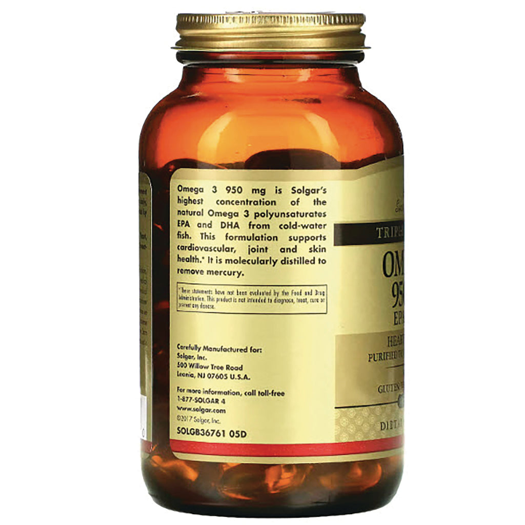SLG339 | Back of amber supplement bottle showing Solgar Omega 3 950 mg label and ingredient text - Thumbnail