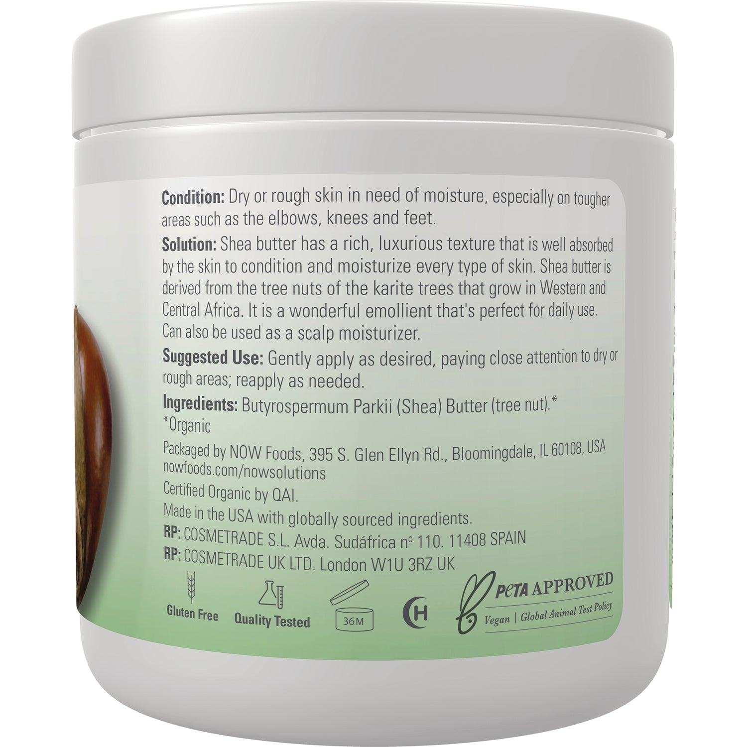NWF1193 | Back label of shea butter jar showing condition, suggested use, ingredients and certifications