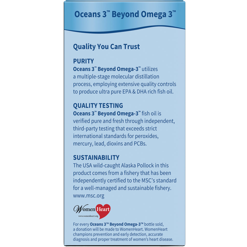 GLF040 | Product infographic for Oceans 3 Beyond Omega-3 listing purity, quality testing, sustainability and donation info - Thumbnail