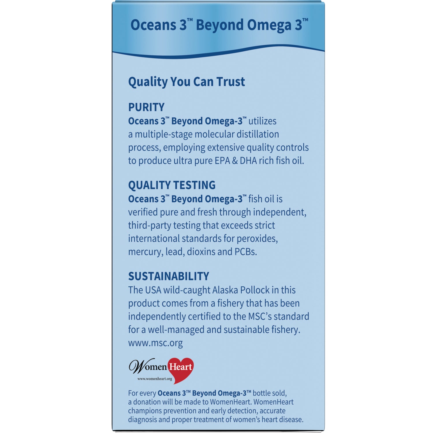 GLF040 | Product infographic for Oceans 3 Beyond Omega-3 listing purity, quality testing, sustainability and donation info