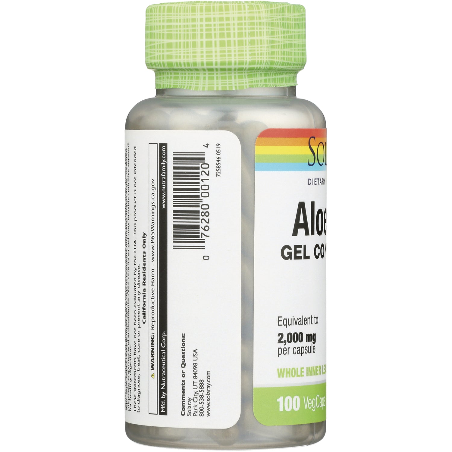 SLR253 | side view of supplement bottle with barcode, partial Aloe label showing 2,000 mg per capsule and 100 VegCaps