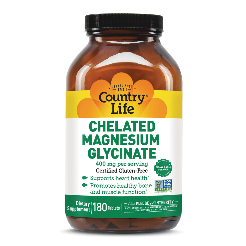 CRL649 | Country Life amber bottle of Chelated Magnesium Glycinate 400 mg per serving, 180 tablets front label - Thumbnail