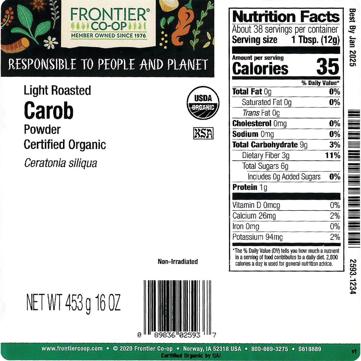 FNP071 | Back label of Frontier Co-op light roasted carob powder showing nutrition facts, USDA organic seal, and net wt 453 g 16 OZ