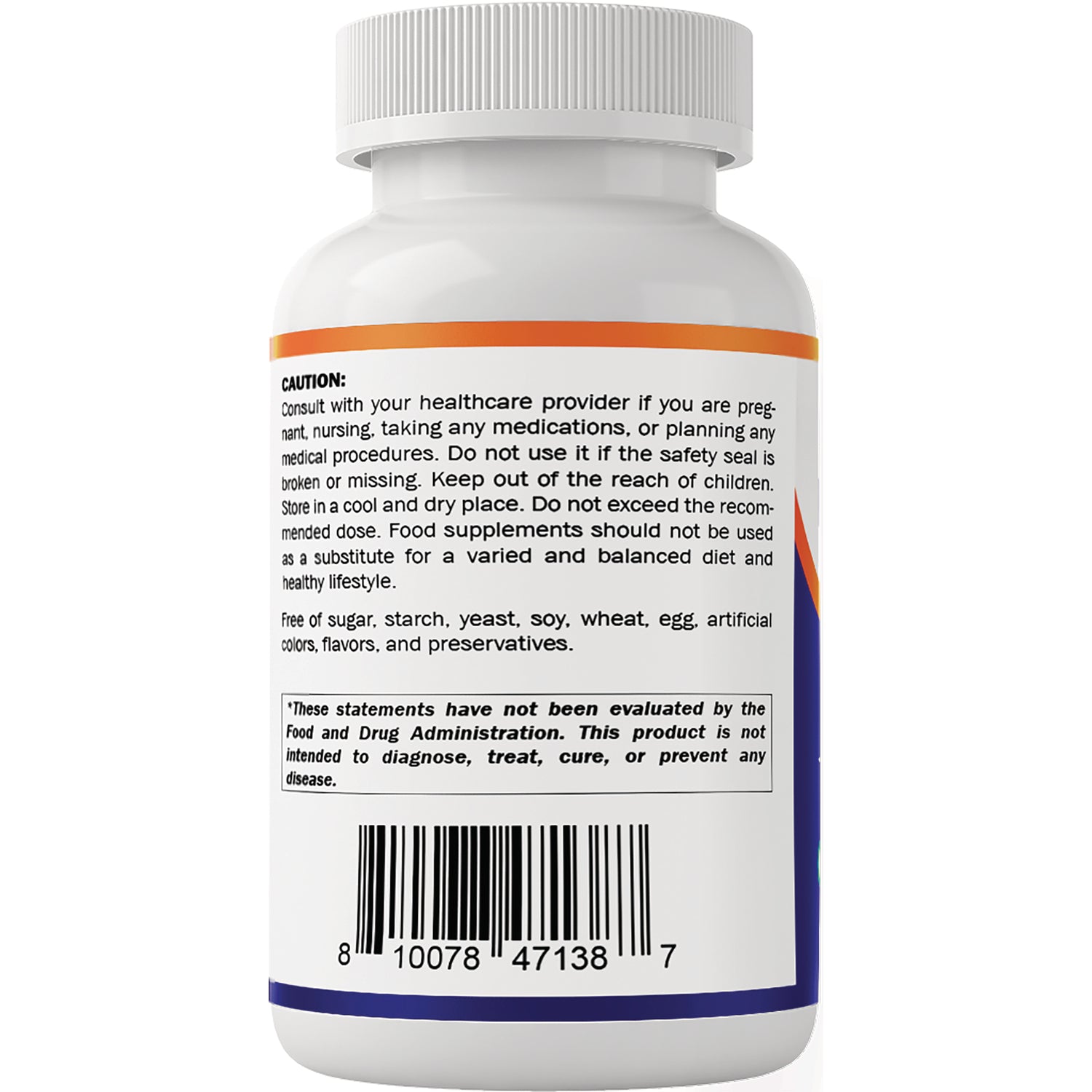 VAM021 | Back of white supplement bottle showing CAUTION text, FDA disclaimer, and barcode