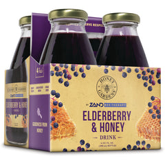 HGR007 | Four-pack of ELDERBERRY & HONEY drink in glass bottles with honeycomb and berries on packaging