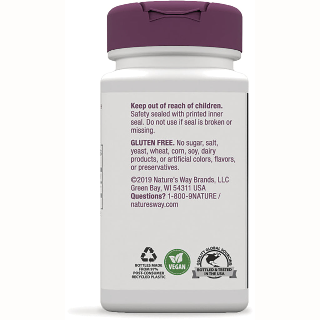 NW525 | Back label of white supplement bottle showing warnings, gluten free and vegan icons and recycling symbol - Thumbnail