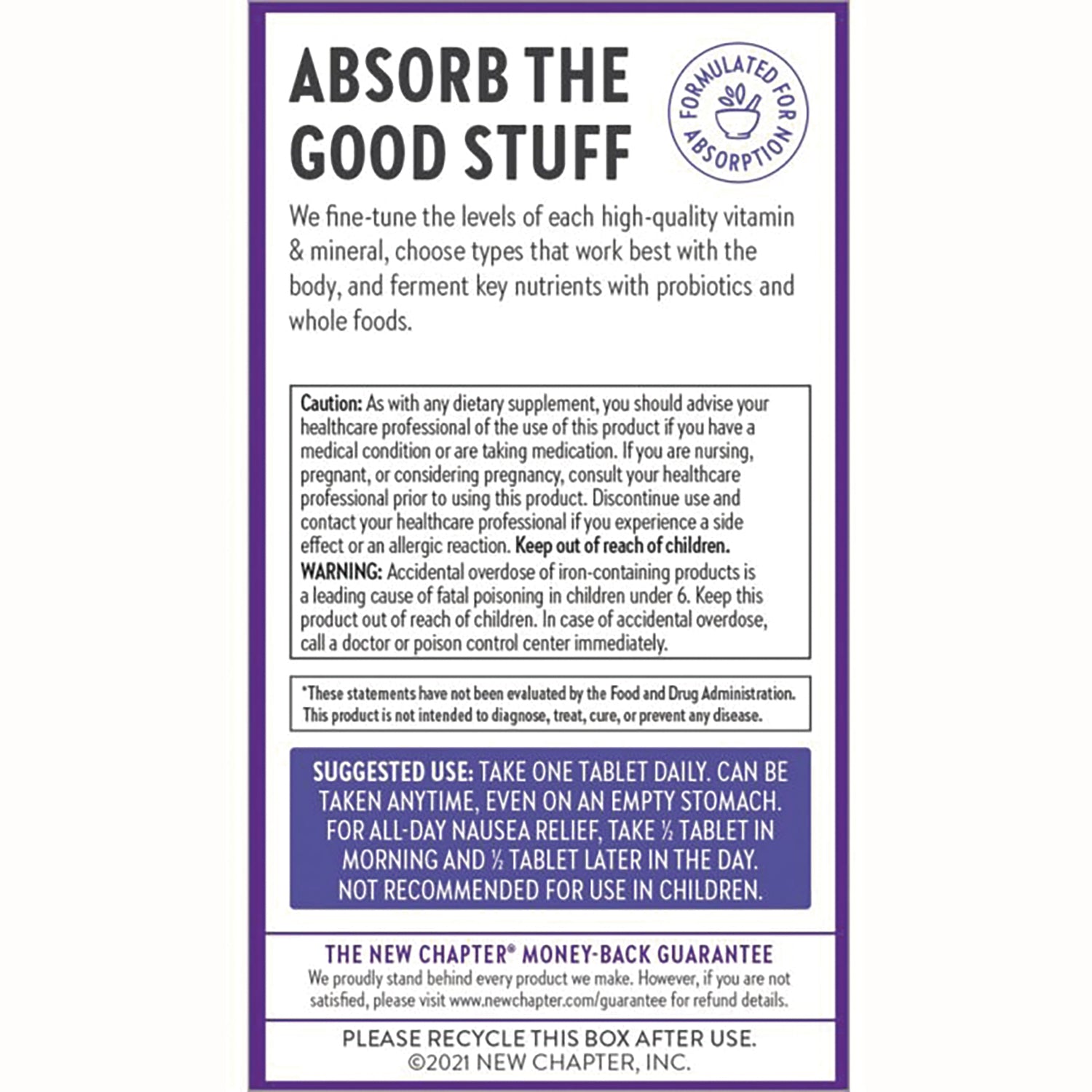 NWC375 | Back panel with ABSORB THE GOOD STUFF headline, caution box and suggested use instructions
