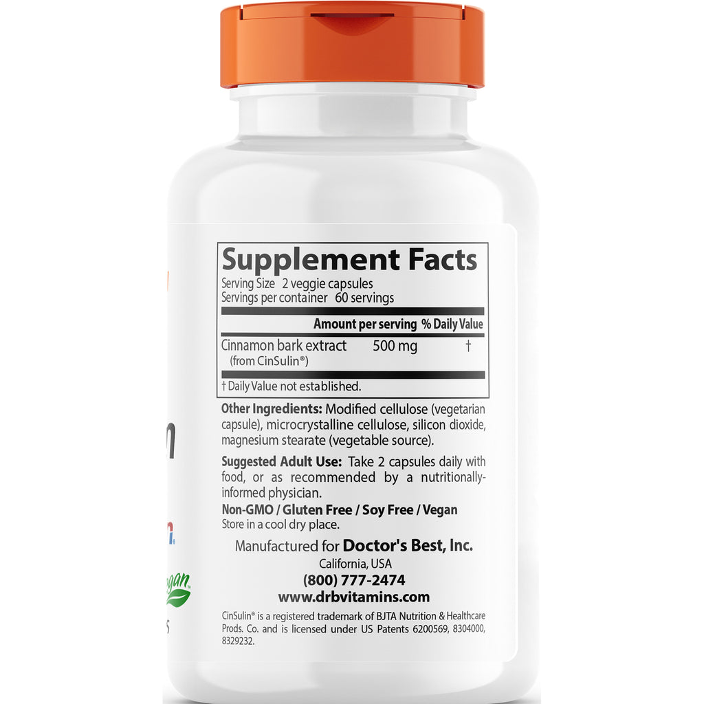 Supplement Facts back label showing serving size 2 veggie capsules, cinnamon bark extract 500 mg, other ingredients and manufacturer Doctor's Best contact - Thumbnail
