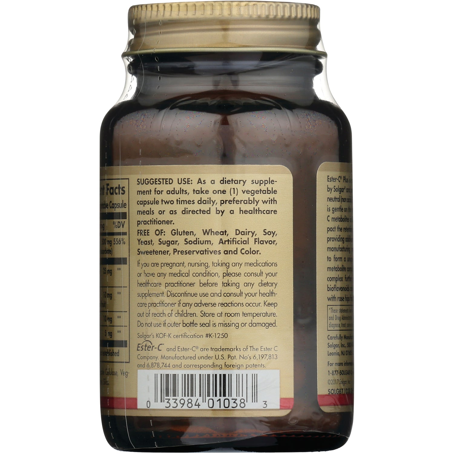 SLG275 | Back of amber supplement bottle showing suggested use, ingredient warnings, and barcode