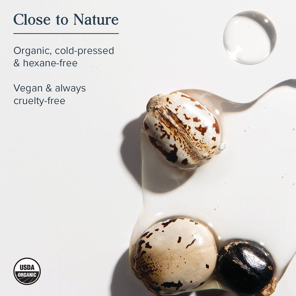 HTG011 | Close to Nature text with castor seeds in oil droplets and USDA ORGANIC seal - Thumbnail