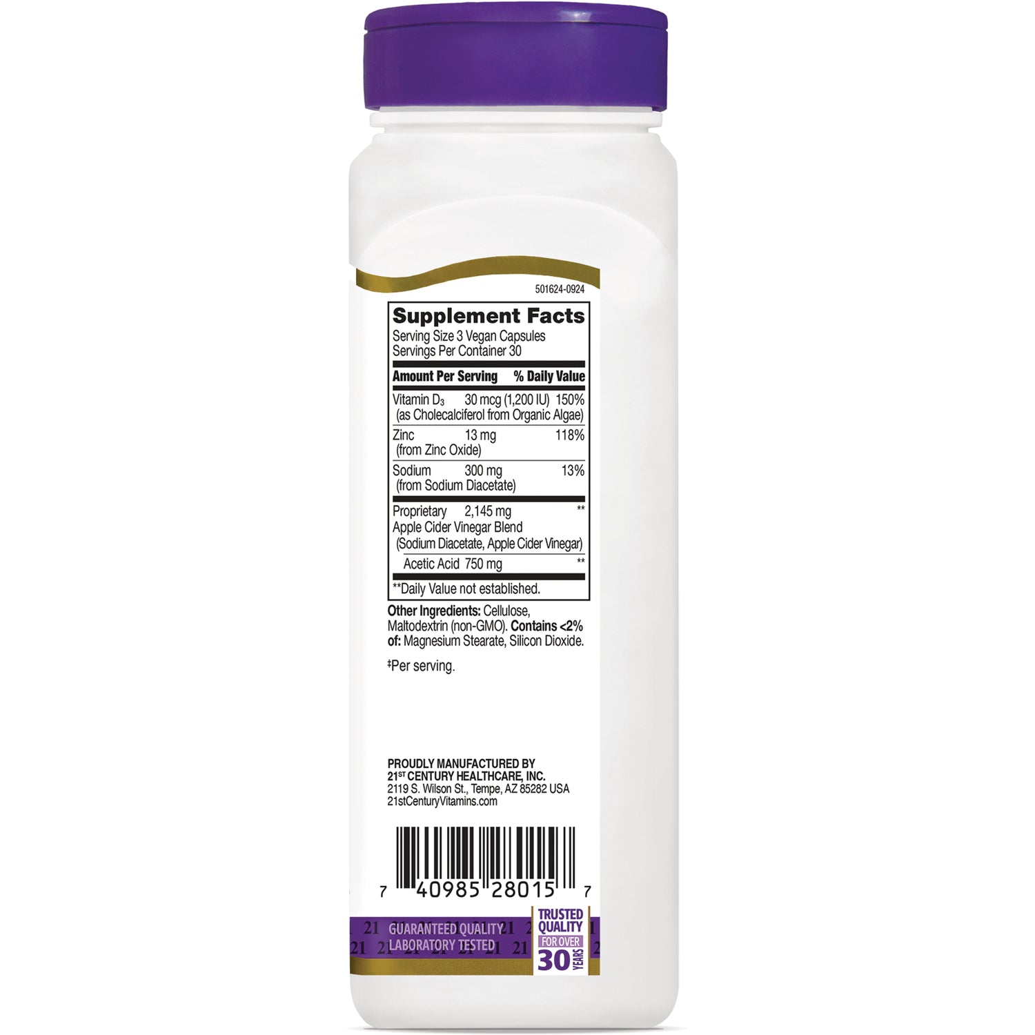CNT287 | Supplement Facts label showing ingredients, amounts, and barcode on back of white supplement bottle