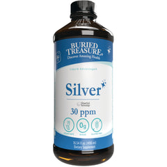 BTR046 | Front view of Buried Treasure Silver liquid supplement bottle 30 ppm, 16.54 fl oz, vegan safe sugar 0g gluten free