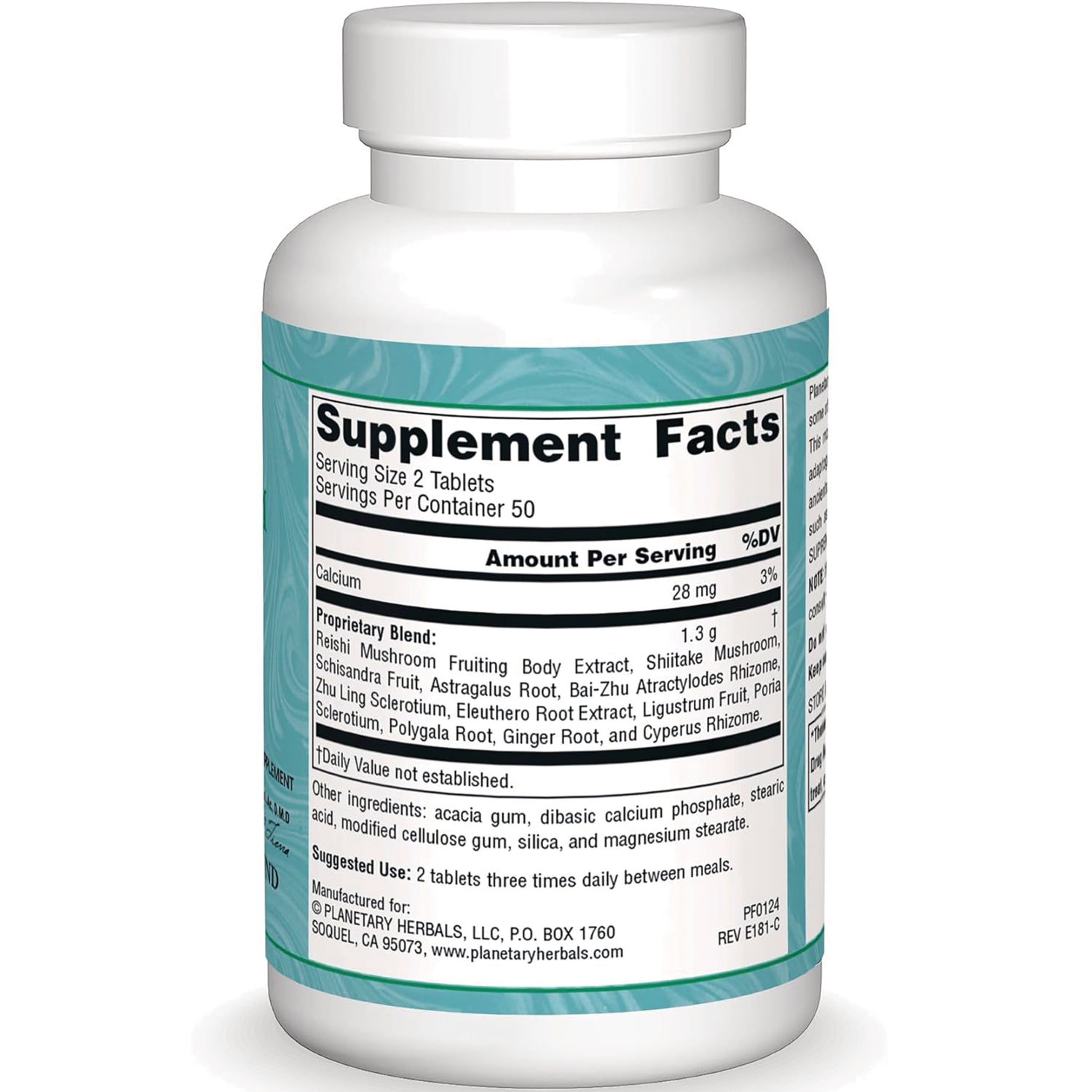 PF127 | bottle back label showing Supplement Facts with serving size, calcium, ingredients and proprietary blend