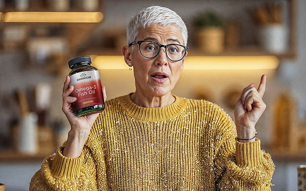 Woman holding a bottle of Swanson Omega-3 Fish Oil in a kitchen setting