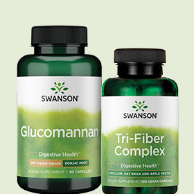 Two Swanson supplement bottles, one labeled 'Glucomannan' and the other 'Tri-Fiber Complex', on a light green background.