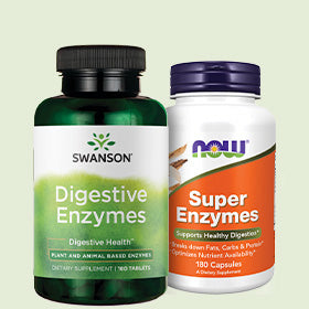 Two bottles of digestive enzyme supplements from Swanson and NOW on a light green background