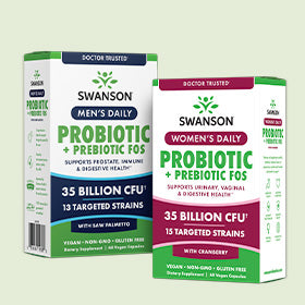 Two Swanson Probiotic boxes, one for men and one for women, on a white background.