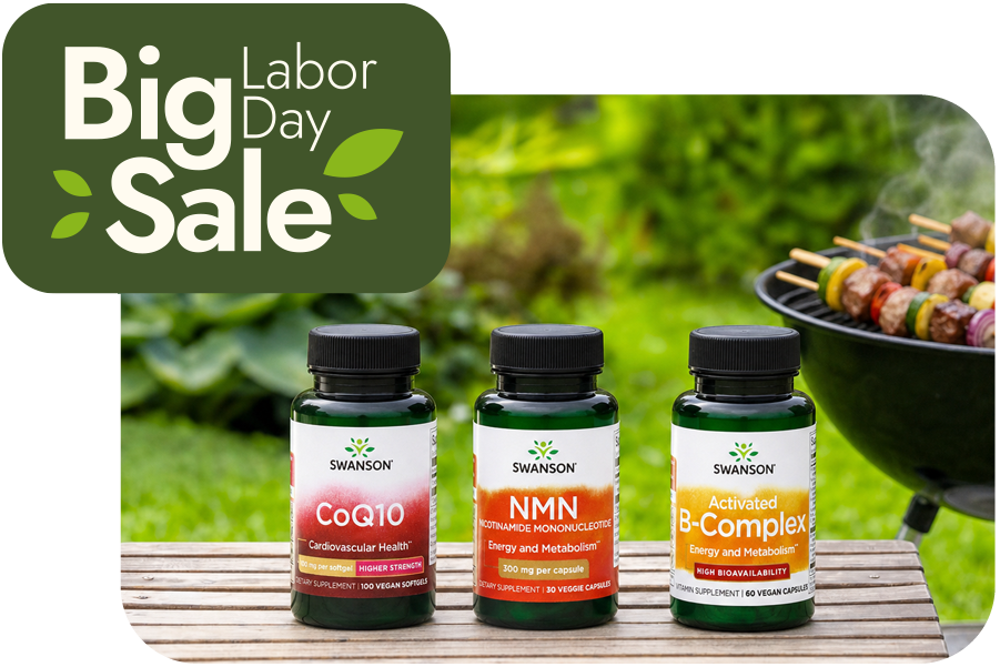Swanson CoQ10, NMN and Activated B-Complex supplements displayed by an outdoor grill with a Big Labor Day Sale graphic.
