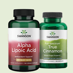 Swanson Alpha Lipoic Acid and Full Spectrum True Cinnamon on light green background