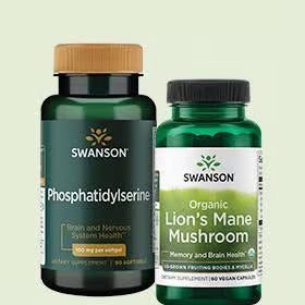 Two Swanson supplement bottles on a light green background, Phosphatidylserine and lion's mushroom mane for brain health