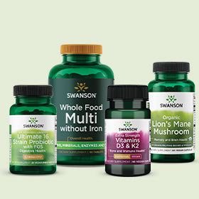 Swanson Ultimate Strain Probiotic, Whole Food Multivitamin without Iron, Vitamins D3 and K2, and Lion's Mane Mushroom on in a bundle on a light green background