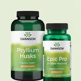 Swanson Psyllium Husks and Epic Pro 25-Strain Probiotic on light green background