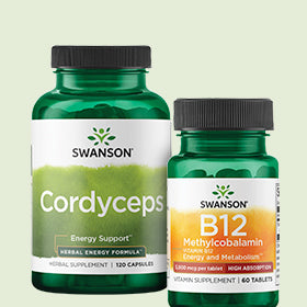 Two Swanson supplement bottles, one labeled 'Cordyceps' and the other 'B12', on a light green background.