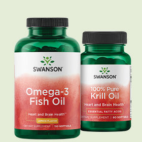 Swanson Omega-3 Fish Oil and 100% Pure Krill Oil on green background