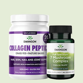 Swanson Collagen Peptides and 7 Mushroom Complex on light green background