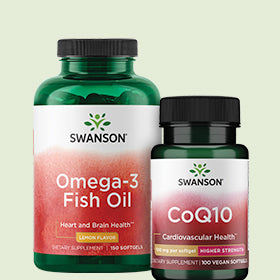 Two Swanson brand supplement bottles, one for Omega-3 Fish Oil and the other for CoQ10, on a light green background.