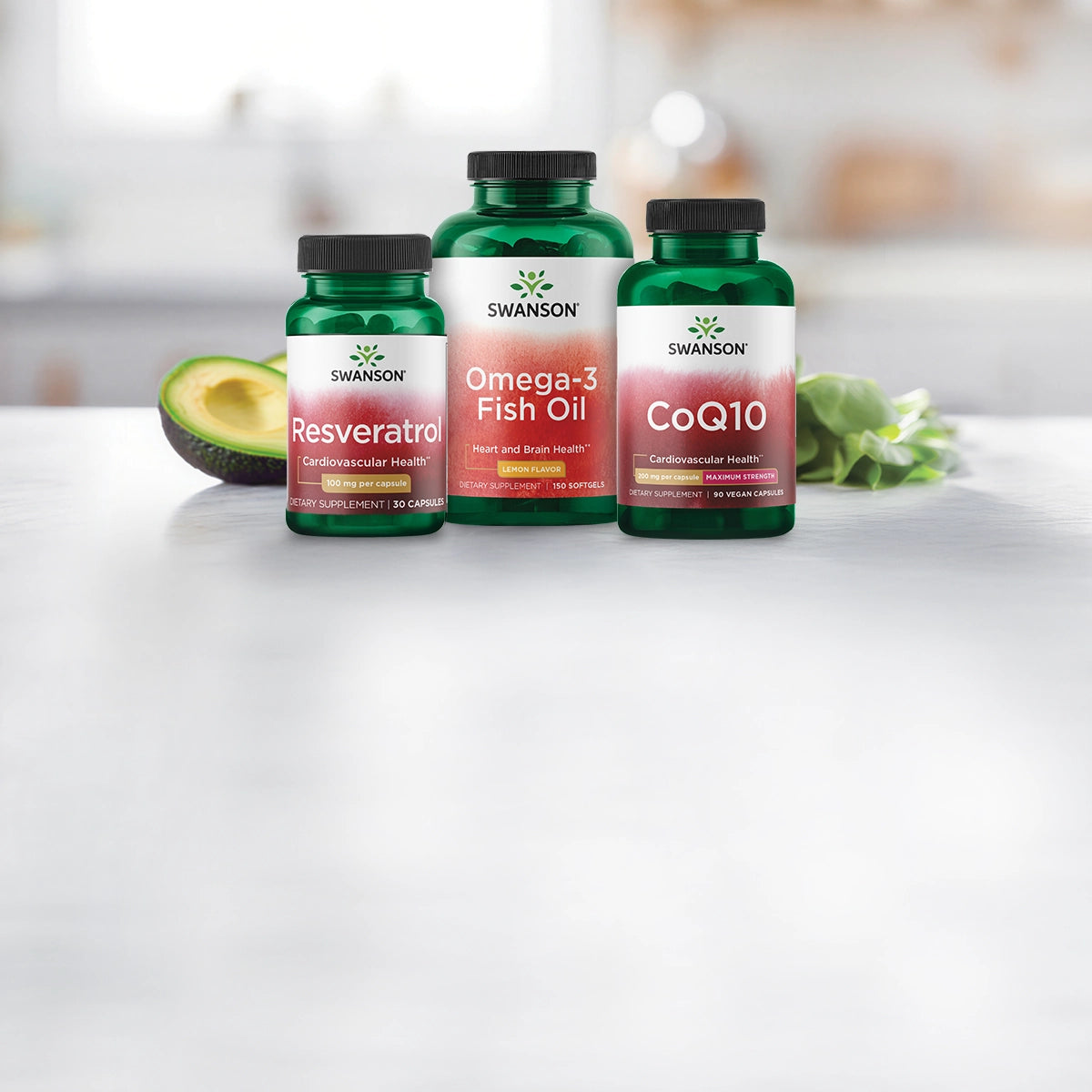 Swanson resveratrol, omega-3 fish oil, coQ10 on a blurred background