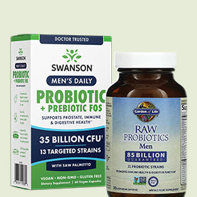 Two probiotic products from Swanson and Garden of Life on a light green background