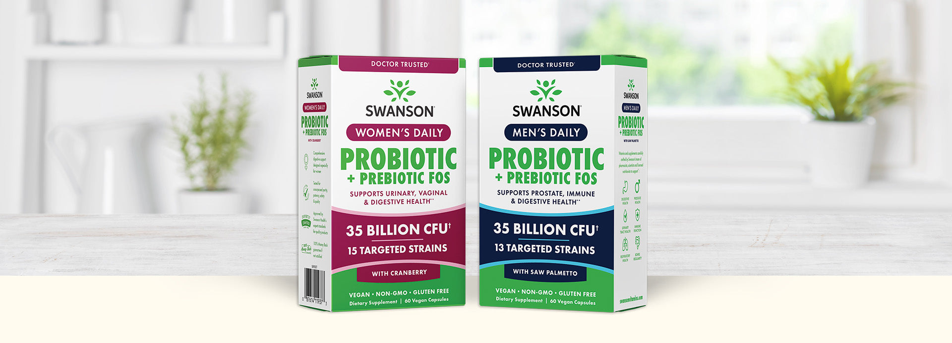 Two Swanson brand probiotic supplement boxes on a white surface with a blurred indoor background.