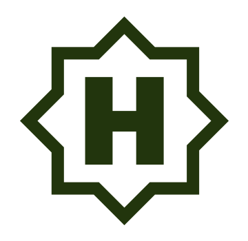 Logo with a stylized 'H' in the center of a decorative green frame on a white background