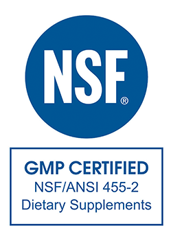 NSF certification logo for GMP certified dietary supplements on a white background
