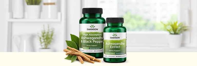 Two Swanson vitamin bottles, Ashwagandha & Black pepper and Ashwagandha Extract with sticks and leaves
