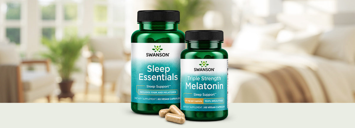 Two Swanson vitamin bottles, Sleep Essentials and Triple Strength Melatonin with two pill capsules