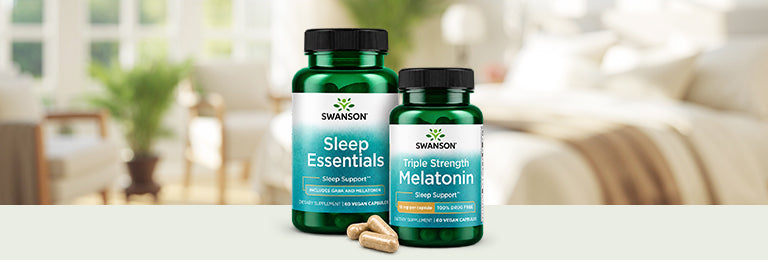 Two Swanson vitamin bottles, Sleep Essentials and Triple Strength Melatonin with two pill capsules
